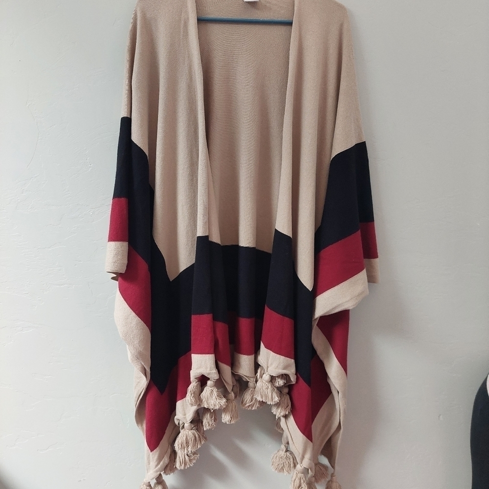 Anna & Ava Tan Black Red Open Front‎ Cardigan Fringe Bohemian One Size
